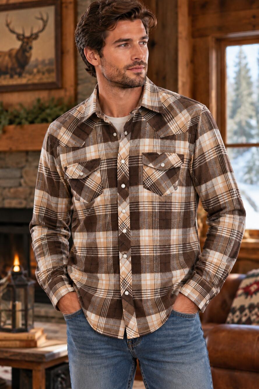 1970s Sears Brown Plaid Soft Flannel Snap Pear Button Down Shirt Size L